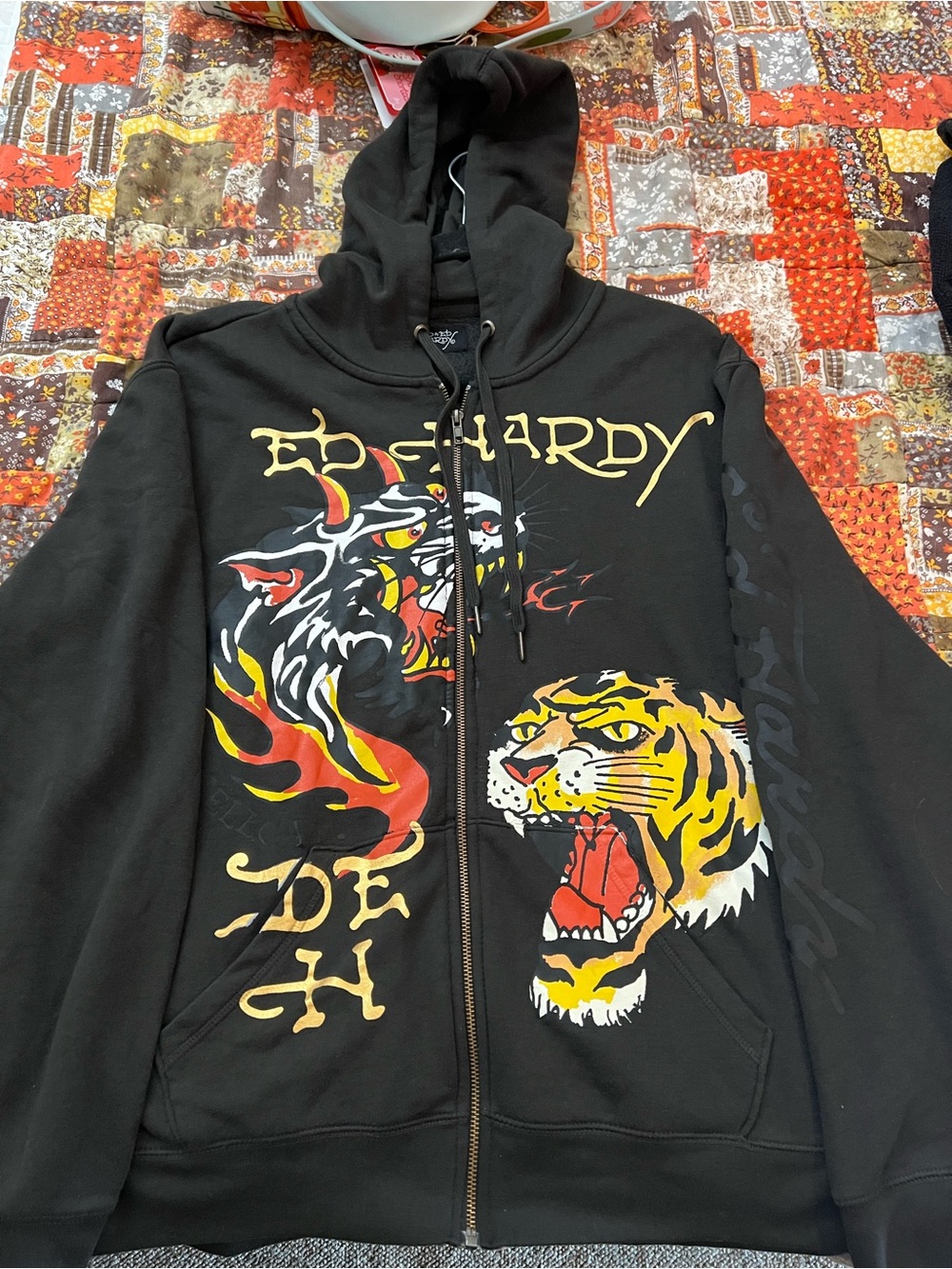 Ed Hardy Zip-Up Hoodie with Tiger & Flame Graphics